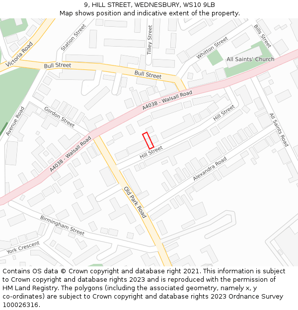 9, HILL STREET, WEDNESBURY, WS10 9LB: Location map and indicative extent of plot