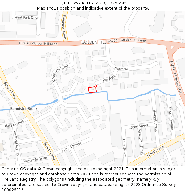 9, HILL WALK, LEYLAND, PR25 2NY: Location map and indicative extent of plot