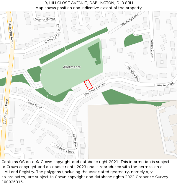 9, HILLCLOSE AVENUE, DARLINGTON, DL3 8BH: Location map and indicative extent of plot