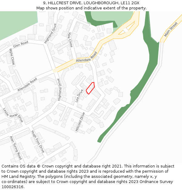 9, HILLCREST DRIVE, LOUGHBOROUGH, LE11 2GX: Location map and indicative extent of plot