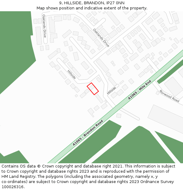 9, HILLSIDE, BRANDON, IP27 0NN: Location map and indicative extent of plot