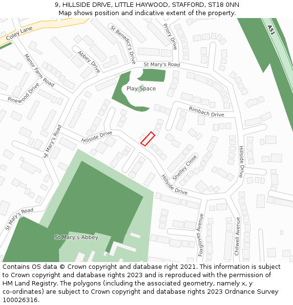 9, HILLSIDE DRIVE, LITTLE HAYWOOD, STAFFORD, ST18 0NN: Location map and indicative extent of plot