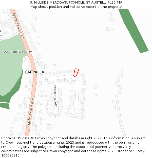 9, HILLSIDE MEADOWS, FOXHOLE, ST AUSTELL, PL26 7TA: Location map and indicative extent of plot