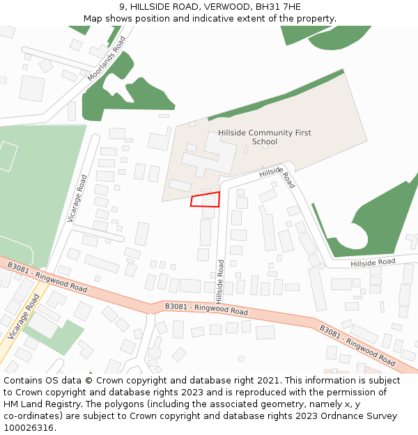 9, HILLSIDE ROAD, VERWOOD, BH31 7HE: Location map and indicative extent of plot