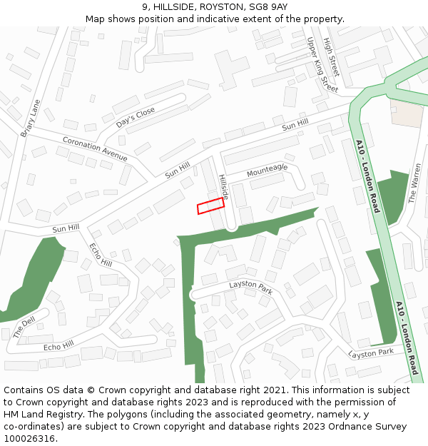 9, HILLSIDE, ROYSTON, SG8 9AY: Location map and indicative extent of plot