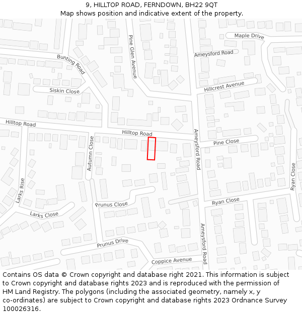 9, HILLTOP ROAD, FERNDOWN, BH22 9QT: Location map and indicative extent of plot