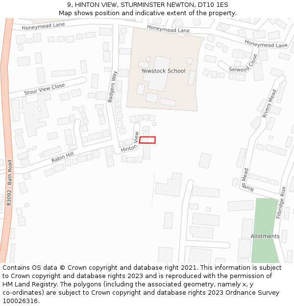 9, HINTON VIEW, STURMINSTER NEWTON, DT10 1ES: Location map and indicative extent of plot