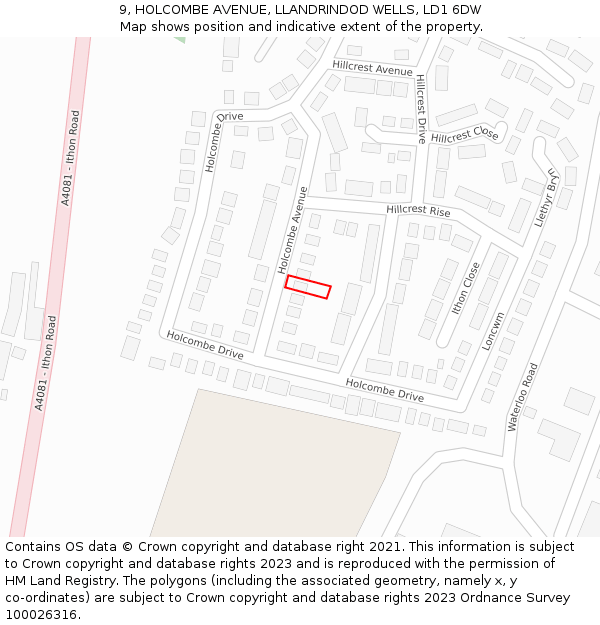 9, HOLCOMBE AVENUE, LLANDRINDOD WELLS, LD1 6DW: Location map and indicative extent of plot