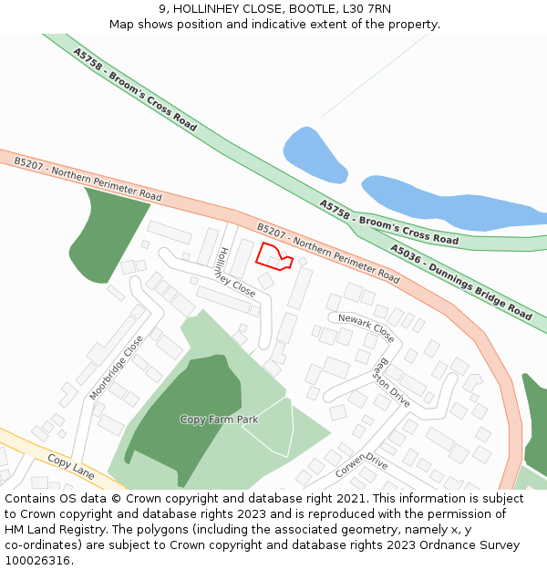 9, HOLLINHEY CLOSE, BOOTLE, L30 7RN: Location map and indicative extent of plot
