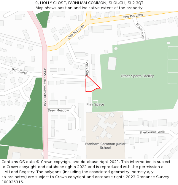 9, HOLLY CLOSE, FARNHAM COMMON, SLOUGH, SL2 3QT: Location map and indicative extent of plot