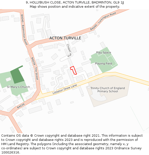 9, HOLLYBUSH CLOSE, ACTON TURVILLE, BADMINTON, GL9 1JJ: Location map and indicative extent of plot