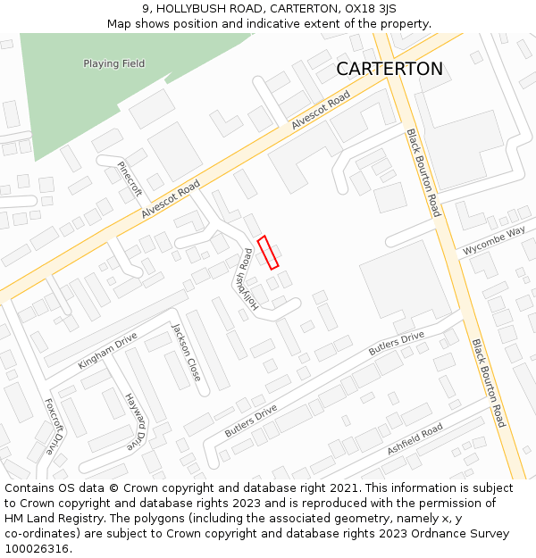 9, HOLLYBUSH ROAD, CARTERTON, OX18 3JS: Location map and indicative extent of plot