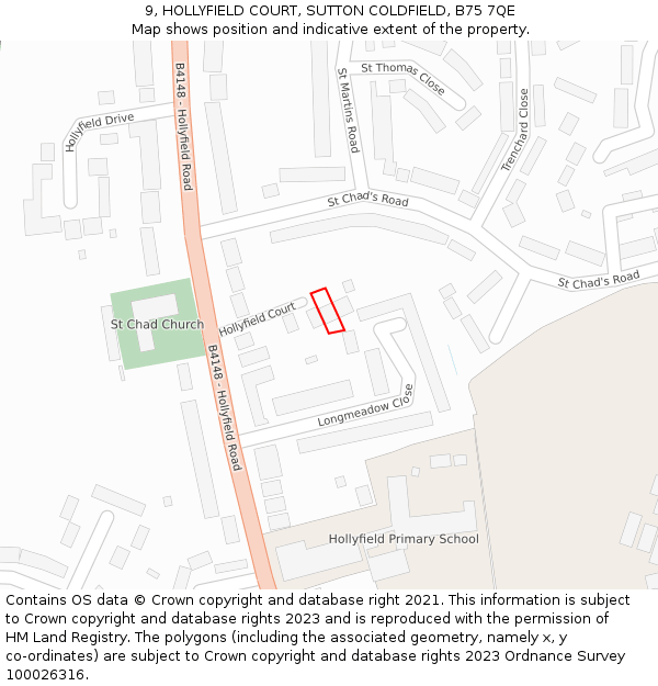 9, HOLLYFIELD COURT, SUTTON COLDFIELD, B75 7QE: Location map and indicative extent of plot