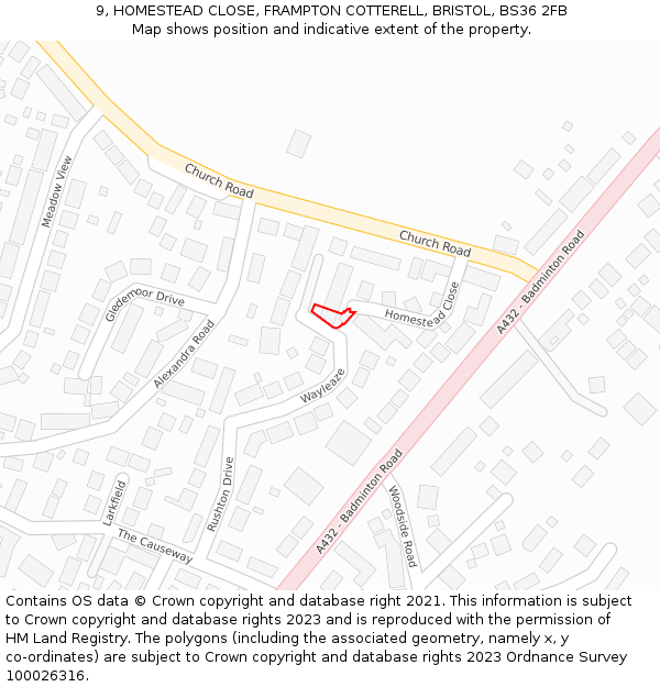 9, HOMESTEAD CLOSE, FRAMPTON COTTERELL, BRISTOL, BS36 2FB: Location map and indicative extent of plot