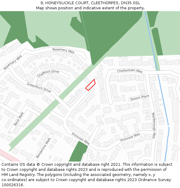 9, HONEYSUCKLE COURT, CLEETHORPES, DN35 0SL: Location map and indicative extent of plot