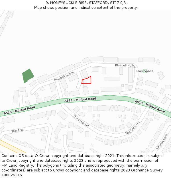 9, HONEYSUCKLE RISE, STAFFORD, ST17 0JR: Location map and indicative extent of plot