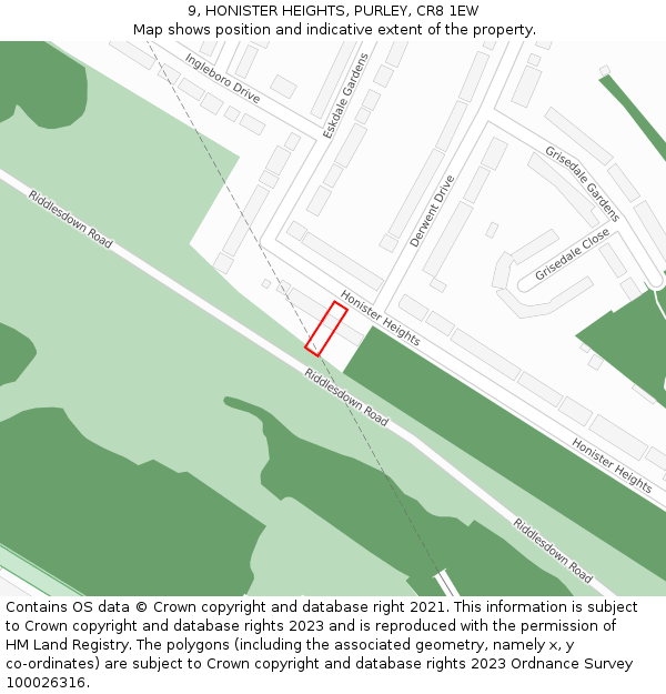 9, HONISTER HEIGHTS, PURLEY, CR8 1EW: Location map and indicative extent of plot