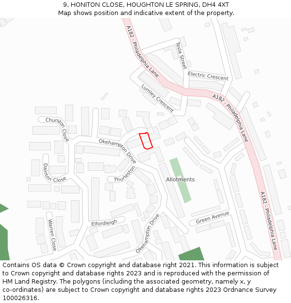 9, HONITON CLOSE, HOUGHTON LE SPRING, DH4 4XT: Location map and indicative extent of plot