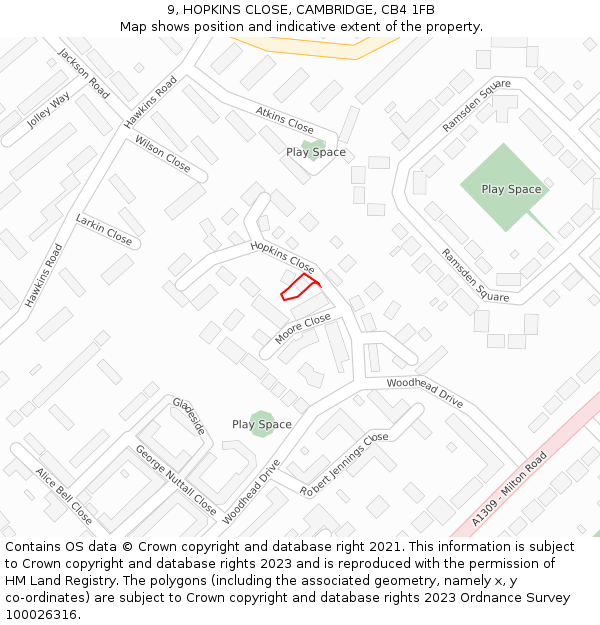 9, HOPKINS CLOSE, CAMBRIDGE, CB4 1FB: Location map and indicative extent of plot