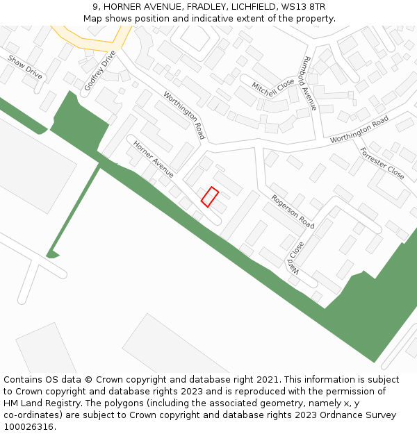 9, HORNER AVENUE, FRADLEY, LICHFIELD, WS13 8TR: Location map and indicative extent of plot