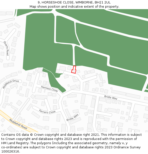 9, HORSESHOE CLOSE, WIMBORNE, BH21 2UL: Location map and indicative extent of plot