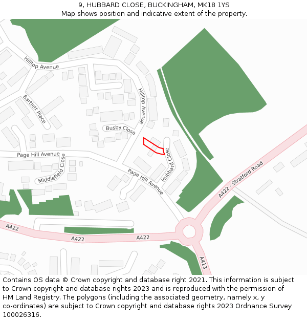 9, HUBBARD CLOSE, BUCKINGHAM, MK18 1YS: Location map and indicative extent of plot