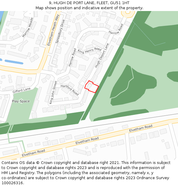9, HUGH DE PORT LANE, FLEET, GU51 1HT: Location map and indicative extent of plot