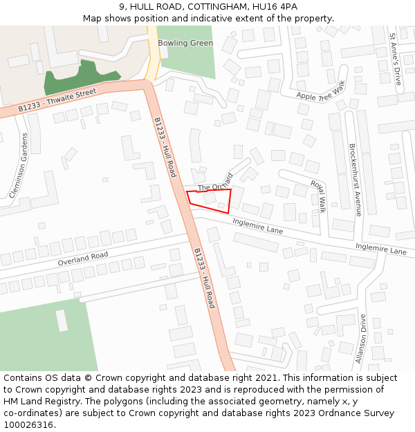 9, HULL ROAD, COTTINGHAM, HU16 4PA: Location map and indicative extent of plot