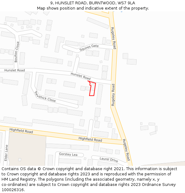 9, HUNSLET ROAD, BURNTWOOD, WS7 9LA: Location map and indicative extent of plot