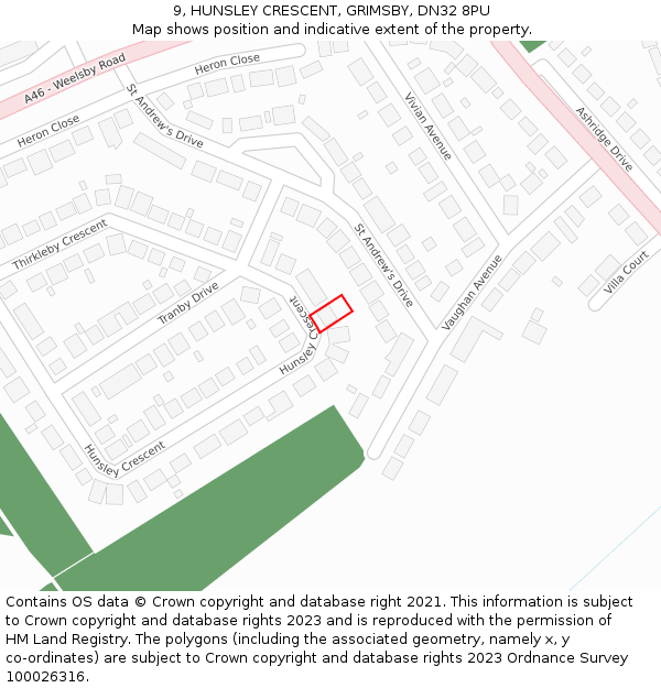 9, HUNSLEY CRESCENT, GRIMSBY, DN32 8PU: Location map and indicative extent of plot