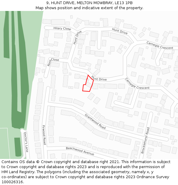 9, HUNT DRIVE, MELTON MOWBRAY, LE13 1PB: Location map and indicative extent of plot