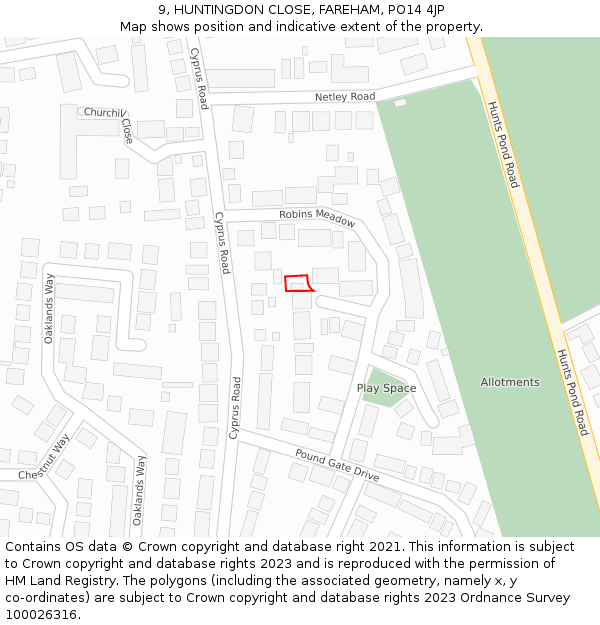 9, HUNTINGDON CLOSE, FAREHAM, PO14 4JP: Location map and indicative extent of plot