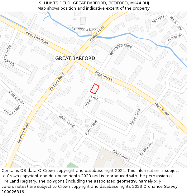 9, HUNTS FIELD, GREAT BARFORD, BEDFORD, MK44 3HJ: Location map and indicative extent of plot