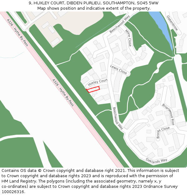 9, HUXLEY COURT, DIBDEN PURLIEU, SOUTHAMPTON, SO45 5WW: Location map and indicative extent of plot