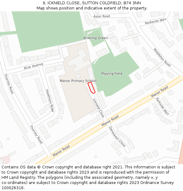 9, ICKNIELD CLOSE, SUTTON COLDFIELD, B74 3NN: Location map and indicative extent of plot