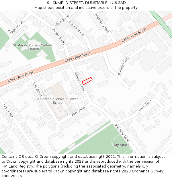 9, ICKNIELD STREET, DUNSTABLE, LU6 3AD: Location map and indicative extent of plot