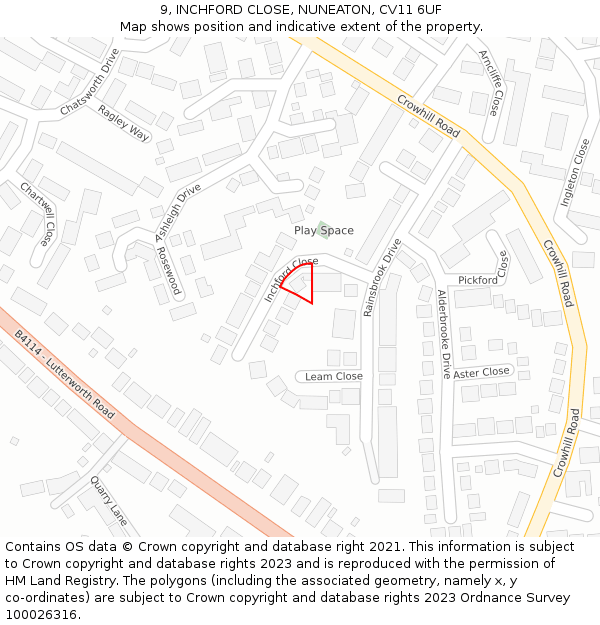 9, INCHFORD CLOSE, NUNEATON, CV11 6UF: Location map and indicative extent of plot