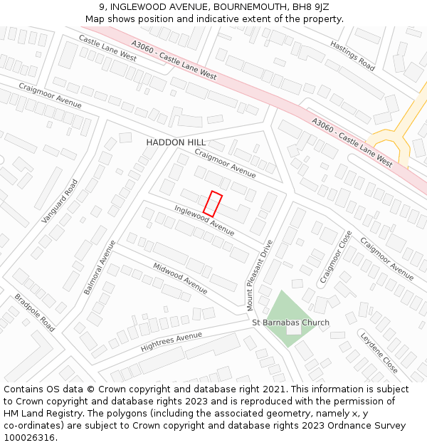 9, INGLEWOOD AVENUE, BOURNEMOUTH, BH8 9JZ: Location map and indicative extent of plot