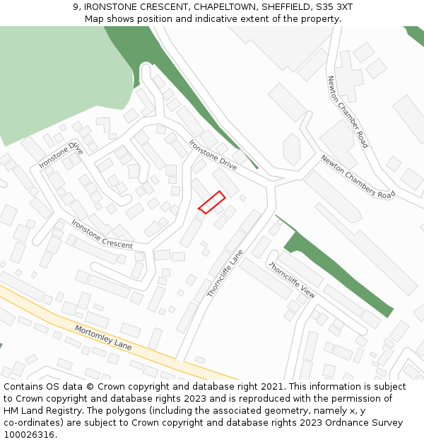 9, IRONSTONE CRESCENT, CHAPELTOWN, SHEFFIELD, S35 3XT: Location map and indicative extent of plot