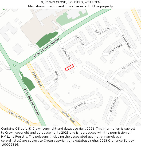 9, IRVING CLOSE, LICHFIELD, WS13 7EN: Location map and indicative extent of plot