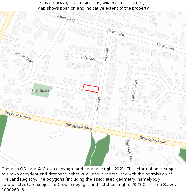 9, IVOR ROAD, CORFE MULLEN, WIMBORNE, BH21 3QF: Location map and indicative extent of plot