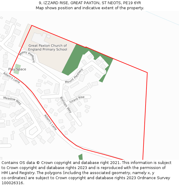 9, IZZARD RISE, GREAT PAXTON, ST NEOTS, PE19 6YR: Location map and indicative extent of plot