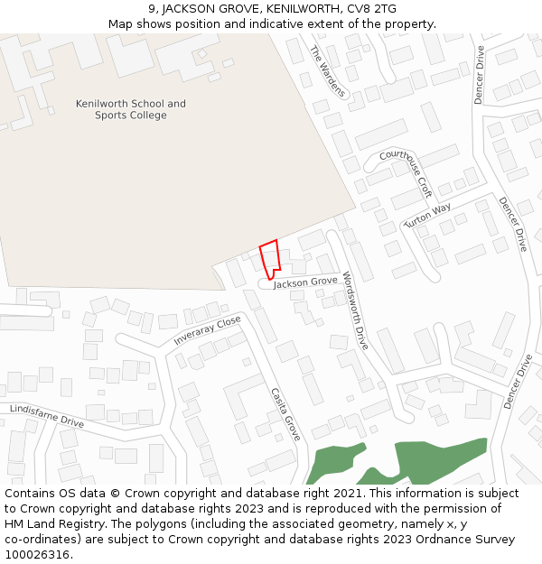 9, JACKSON GROVE, KENILWORTH, CV8 2TG: Location map and indicative extent of plot