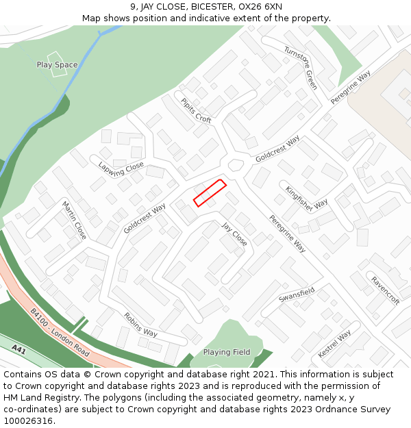 9, JAY CLOSE, BICESTER, OX26 6XN: Location map and indicative extent of plot