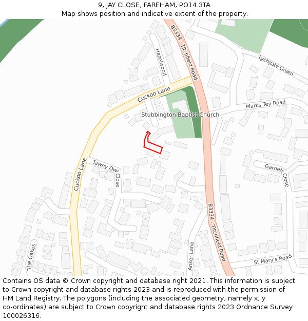 9, JAY CLOSE, FAREHAM, PO14 3TA: Location map and indicative extent of plot