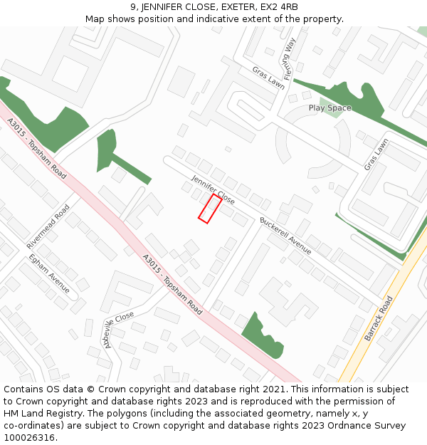 9, JENNIFER CLOSE, EXETER, EX2 4RB: Location map and indicative extent of plot