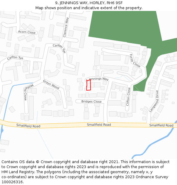 9, JENNINGS WAY, HORLEY, RH6 9SF: Location map and indicative extent of plot