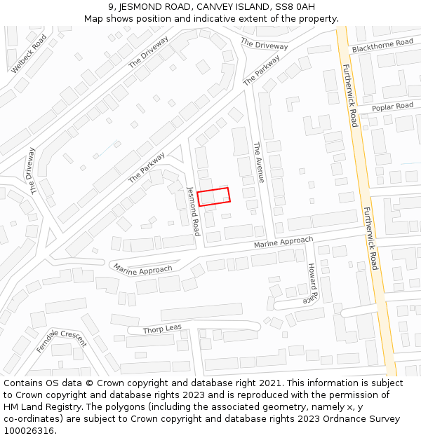 9, JESMOND ROAD, CANVEY ISLAND, SS8 0AH: Location map and indicative extent of plot