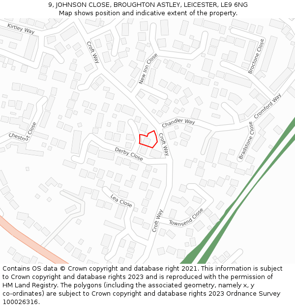 9, JOHNSON CLOSE, BROUGHTON ASTLEY, LEICESTER, LE9 6NG: Location map and indicative extent of plot