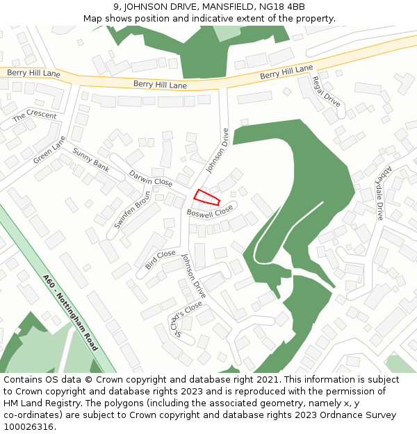 9, JOHNSON DRIVE, MANSFIELD, NG18 4BB: Location map and indicative extent of plot